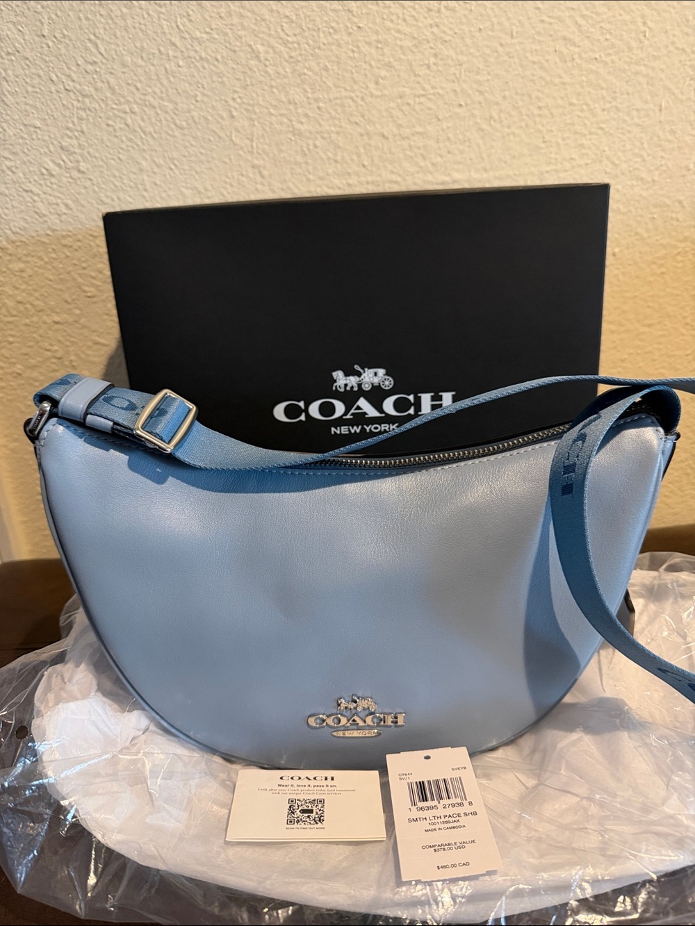 Coach Crescent Shoulder Bag in Light Blue Pebble Leather